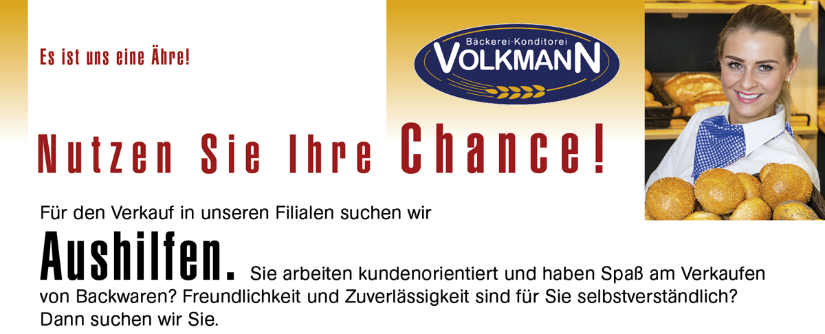 Stellenangebot: Für den Verkauf in unseren Filialen suchen wir Aushilfen - Bäckerei + Konditorei Volkmann